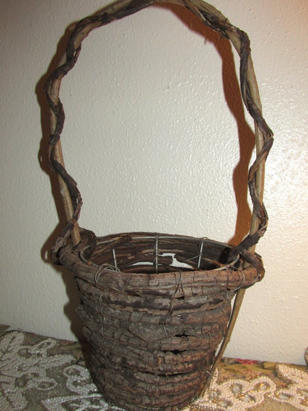 Vintage Handmade Vine and Stick Round Basket with Handle